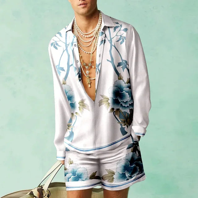 Trendy Hawaiian set with a silk look for men – Fabio-Blue/White-S-The Livary