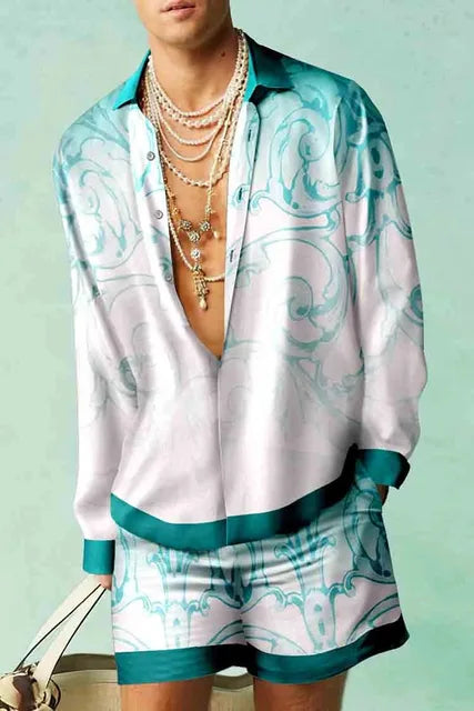 Trendy Hawaiian set with a silk look for men – Fabio-Blue/Pale Pink-S-The Livary