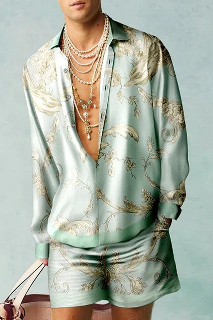 Trendy Hawaiian set with a silk look for men – Fabio-Light blue/Green-S-The Livary