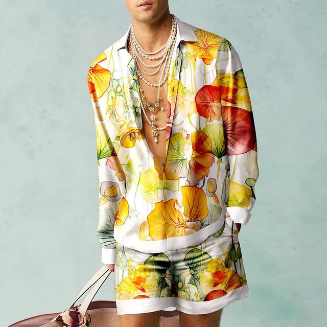 Trendy Hawaiian set with a silk look for men – Fabio-Yellow/White-S-The Livary