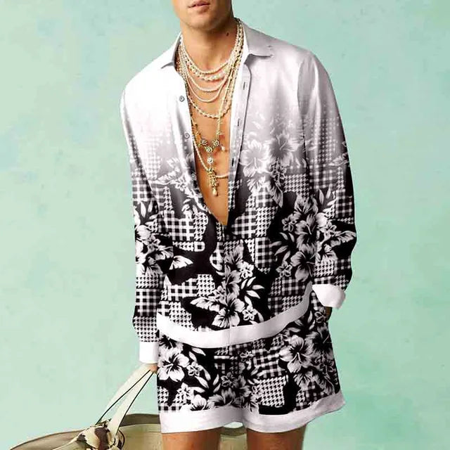Trendy Hawaiian set with a silk look for men – Fabio-White/Black-S-The Livary