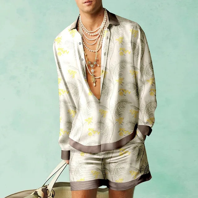 Trendy Hawaiian set with a silk look for men – Fabio-Beige/Yellow-S-The Livary