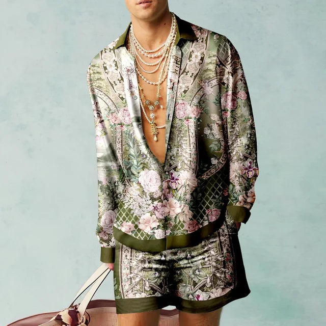 Trendy Hawaiian set with a silk look for men – Fabio-Light blue/Green-S-The Livary