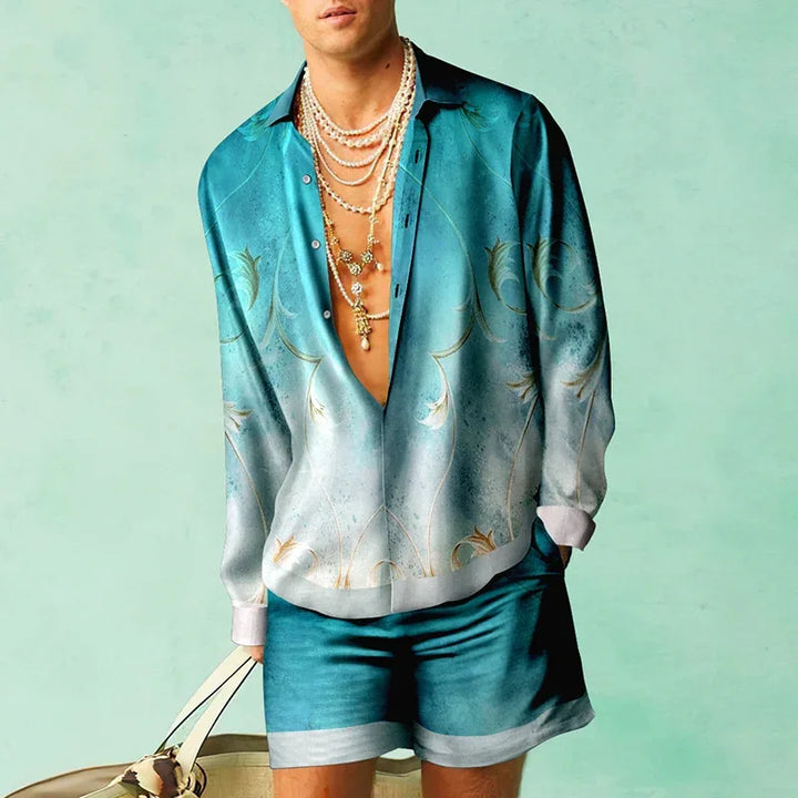 Trendy Hawaiian set with a silk look for men – Fabio-Dark blue/White-S-The Livary