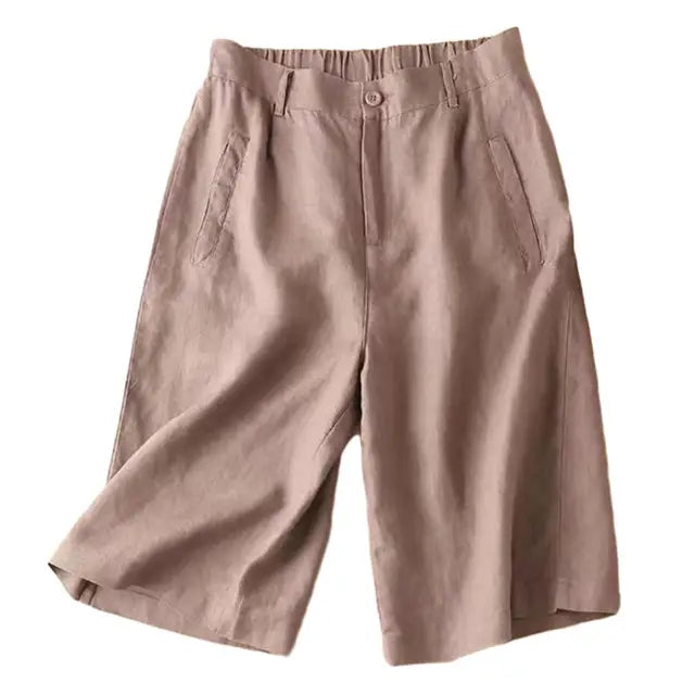 Ladies' summer shorts made of linen-cotton blend in knee length – Elvira-Khaki-S-The Livary