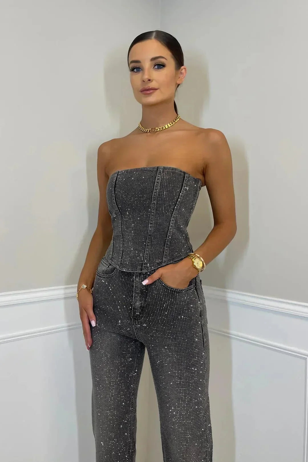 Glittering women's trouser set with high-waist jeans – Liora-Black-S-The Livary