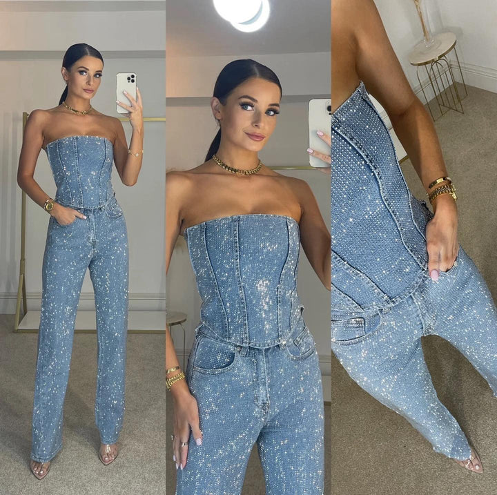 Glittering women's trouser set with high-waist jeans – Liora-Black-S-The Livary
