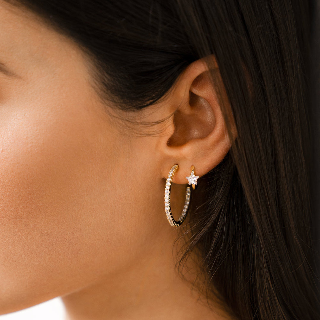 Wide Creole Earrings with Star Zirconia - Lunara-Silver-The Livary