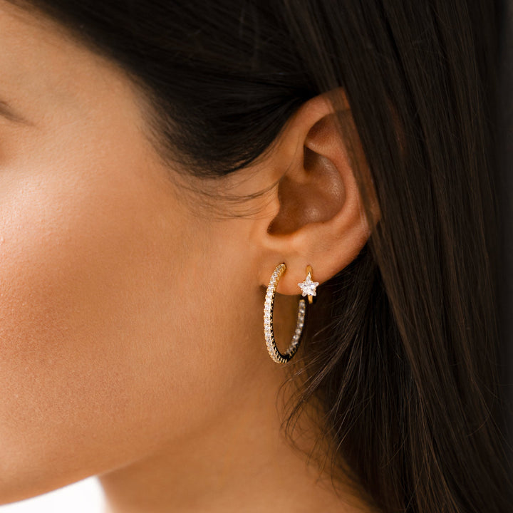 Wide Creole Earrings with Star Zirconia - Lunara-Silver-The Livary