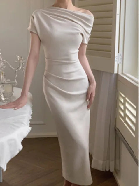 Elegant bodycon maxi dress with off-shoulder – Valentina-Beige-S-The Livary
