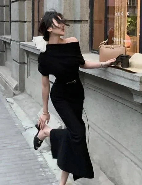 Elegant bodycon maxi dress with off-shoulder – Valentina-Black-S-The Livary