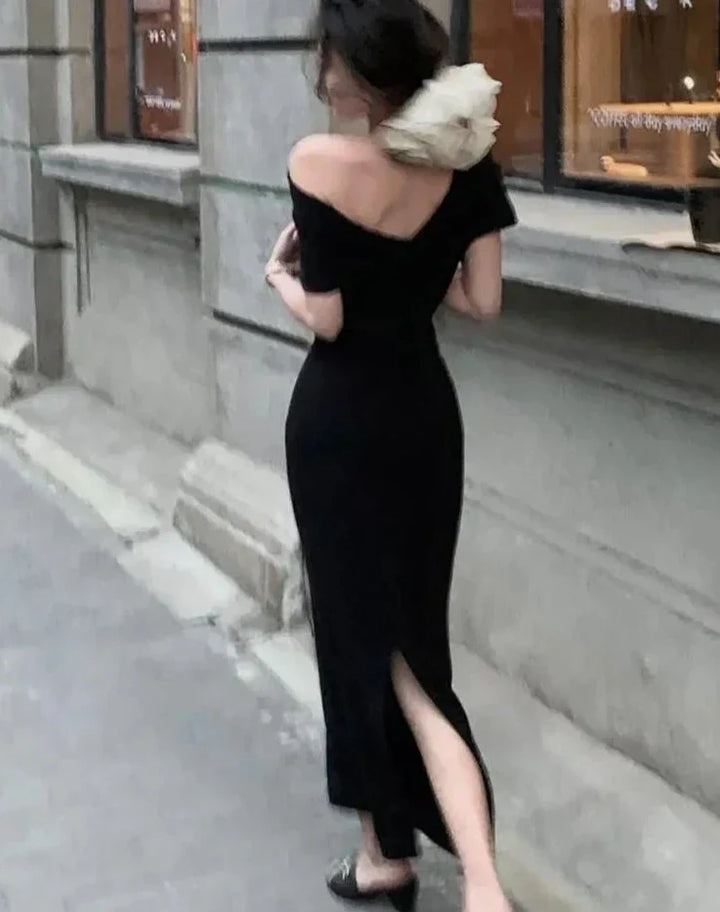 Elegant bodycon maxi dress with off-shoulder – Valentina-Beige-S-The Livary