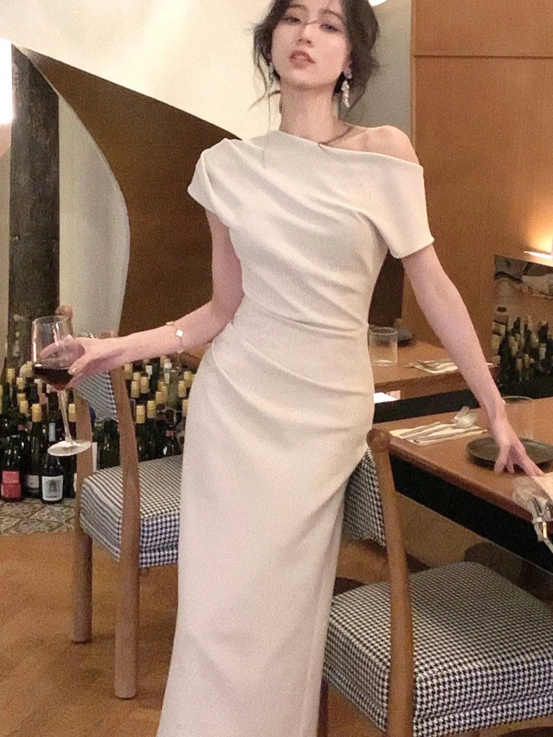 Elegant bodycon maxi dress with off-shoulder – Valentina-Beige-S-The Livary
