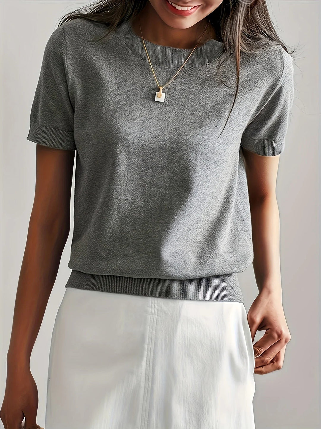 Spring Sweater with Short Sleeves – Mira-Grey-XS-The Livary