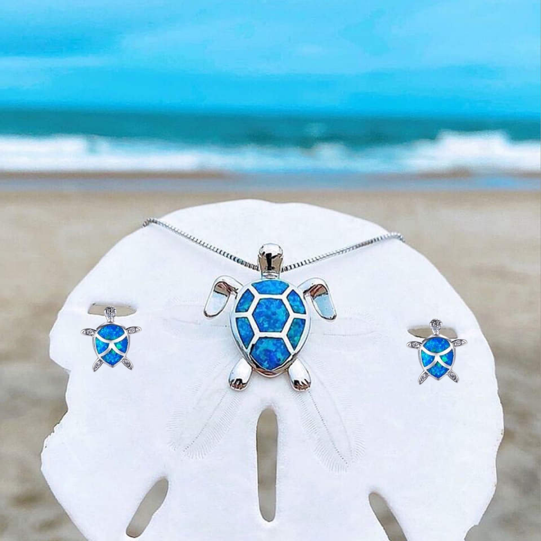 Silver Sea Turtle Necklace and Earring Set - Marinella-Blue-The Livary