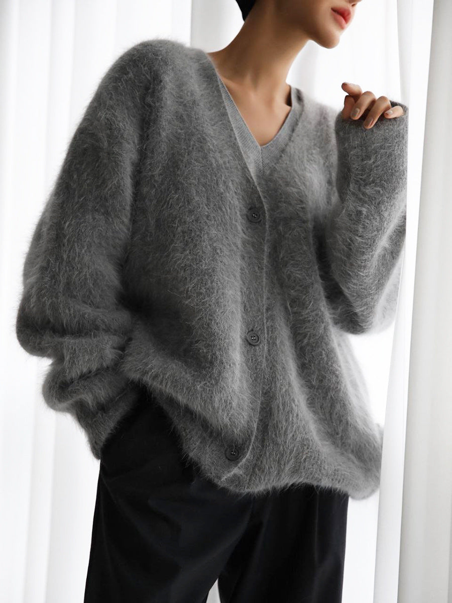 Soft Knitted Women's Cardigan with V-Neck - Sophie-Dark grey-S-The Livary