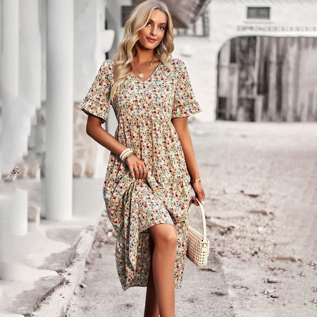 Trendy Flower Print Midi Dress - Livia-Beige-S-The Livary
