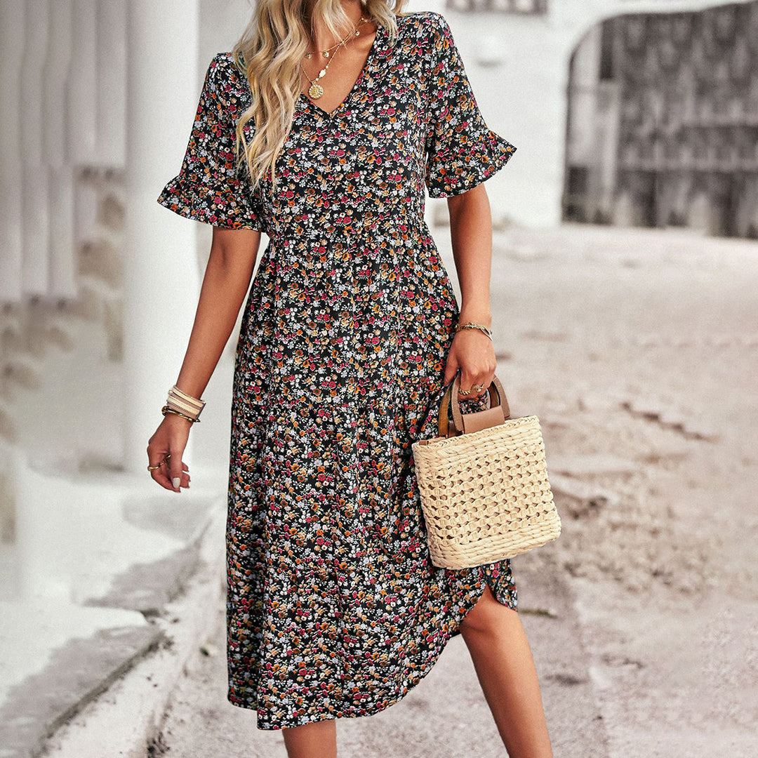Trendy Flower Print Midi Dress - Livia-Black-S-The Livary
