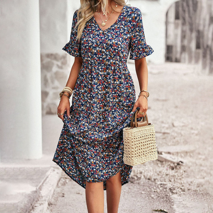 Trendy Flower Print Midi Dress - Livia-Blue-S-The Livary