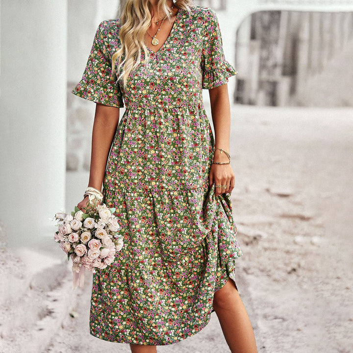 Trendy Flower Print Midi Dress - Livia-Green-S-The Livary