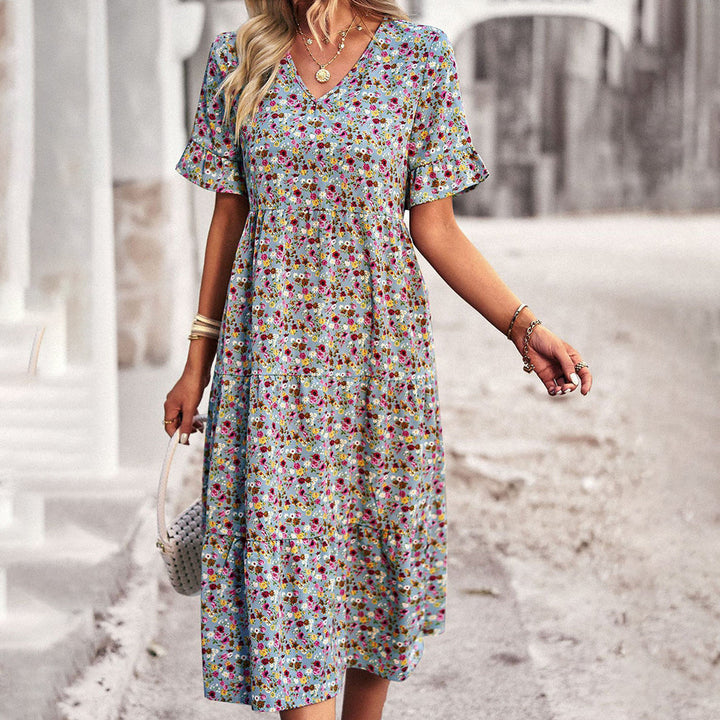 Trendy Flower Print Midi Dress - Livia-Light blue-S-The Livary