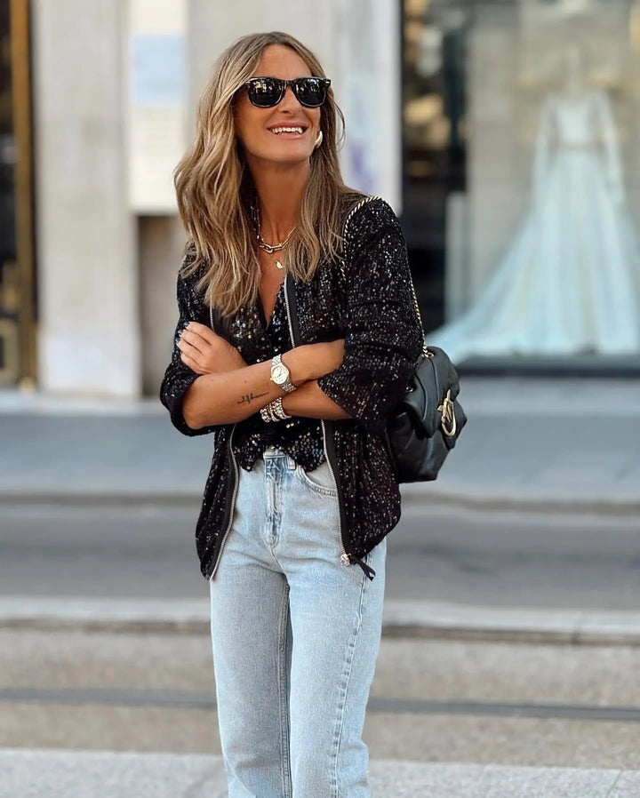 Trendy ladies' sequin blazer for spring & events – Soraya-Black-S-The Livary
