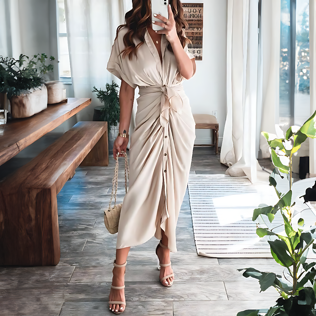 Maxi dress with ruffles and V-neck summer style women's fashion - Elina-Gold-S-The Livary