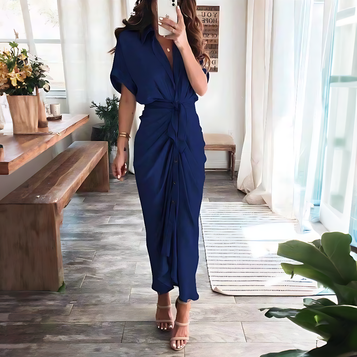 Maxi dress with ruffles and V-neck summer style women's fashion - Elina-Dark blue-S-The Livary