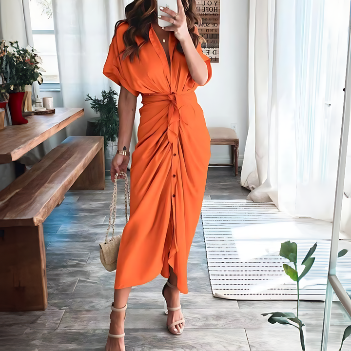 Maxi dress with ruffles and V-neck summer style women's fashion - Elina-Orange-S-The Livary