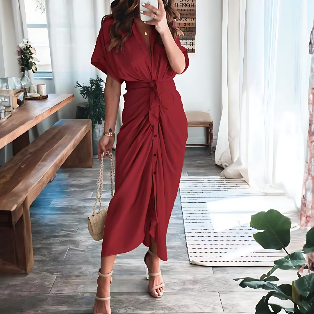 Maxi dress with ruffles and V-neck summer style women's fashion - Elina-Red-S-The Livary