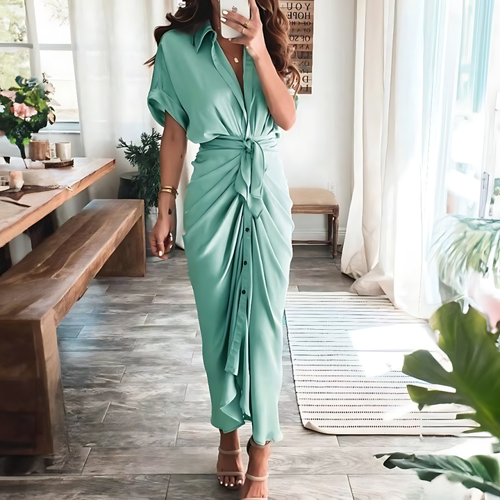 Maxi dress with ruffles and V-neck summer style women's fashion - Elina-Dark green-S-The Livary