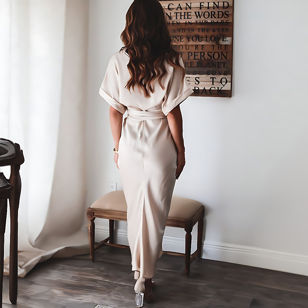 Maxi dress with ruffles and V-neck summer style women's fashion - Elina-Gold-S-The Livary