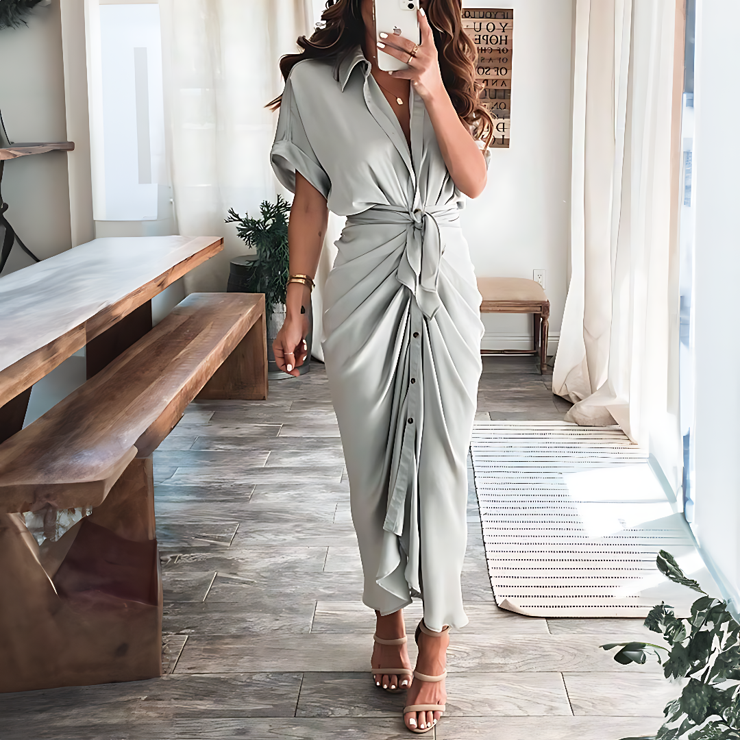Maxi dress with ruffles and V-neck summer style women's fashion - Elina-Light grey-S-The Livary