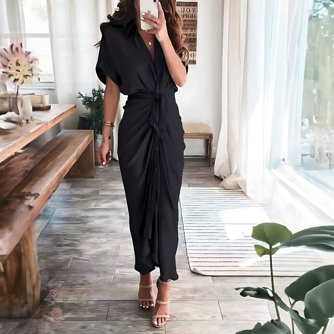 Maxi dress with ruffles and V-neck summer style women's fashion - Elina-Black-S-The Livary