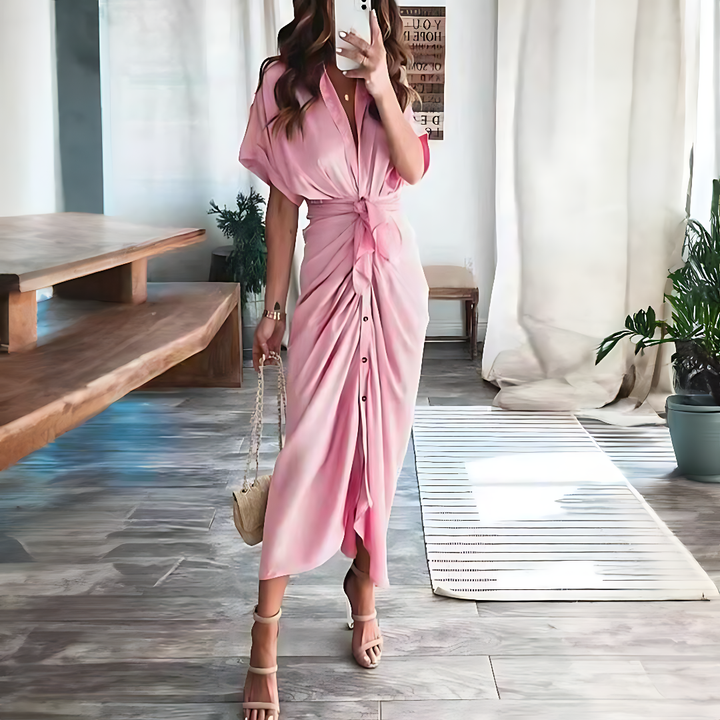 Maxi dress with ruffles and V-neck summer style women's fashion - Elina-Blue-S-The Livary