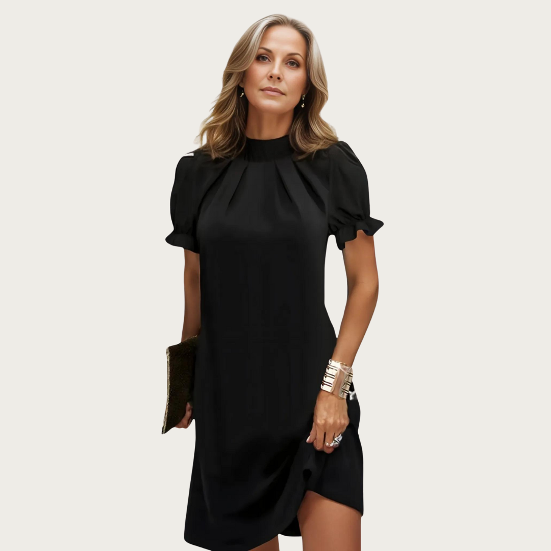 Black Midi Evening Dress with Puff Sleeves - Amber-S-The Livary