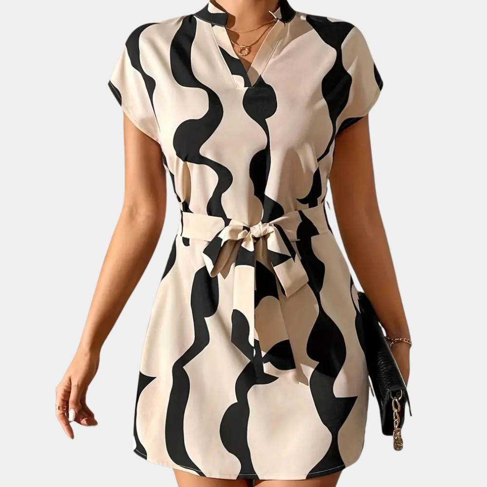 Trendy Beige Dress with Belt - Elena-XS-The Livary