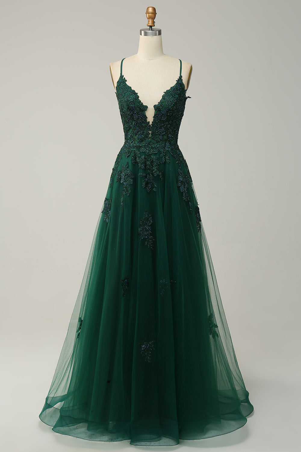 Stylish A-line Evening Dress with Spaghetti Straps and Lace-up Closure - Julia-Dark green-EU32-The Livary