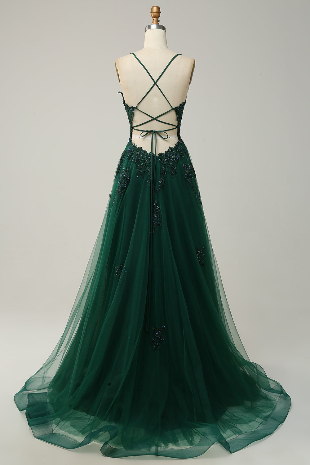 Stylish A-line Evening Dress with Spaghetti Straps and Lace-up Closure - Julia-Dark green-EU32-The Livary