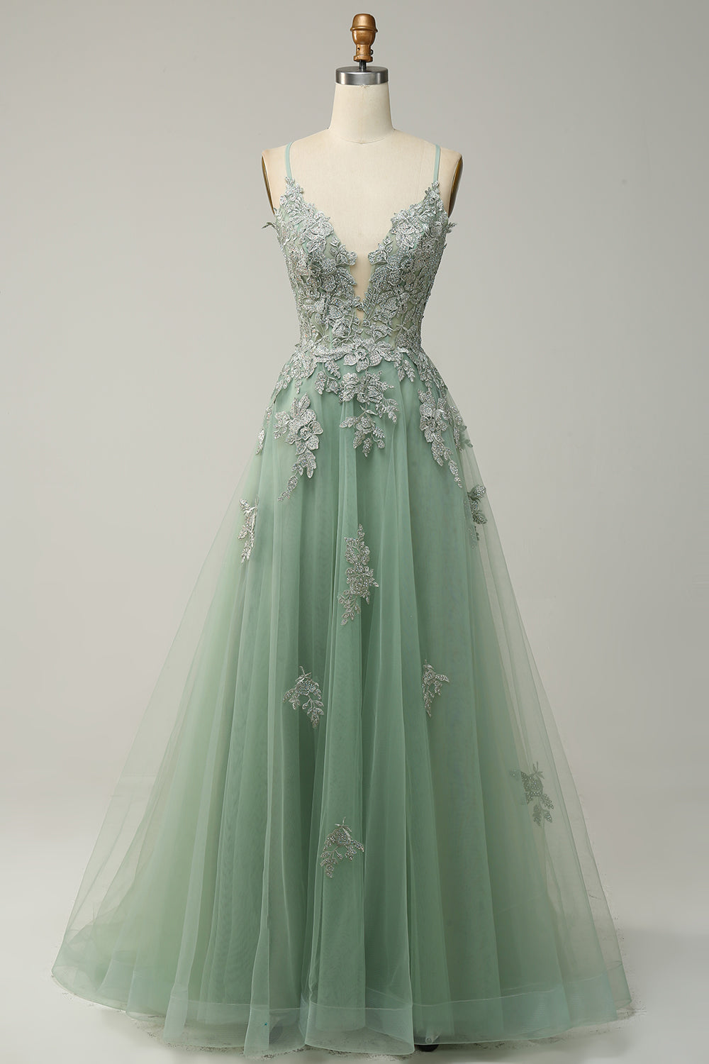 Stylish A-line Evening Dress with Spaghetti Straps and Lace-up Closure - Julia-Green-EU32-The Livary
