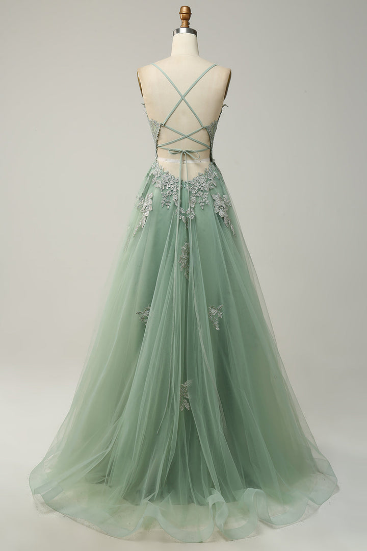 Stylish A-line Evening Dress with Spaghetti Straps and Lace-up Closure - Julia-Dark green-EU32-The Livary