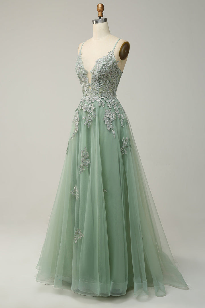 Stylish A-line Evening Dress with Spaghetti Straps and Lace-up Closure - Julia-Dark green-EU32-The Livary