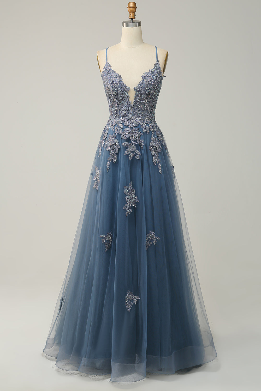 Stylish A-line Evening Dress with Spaghetti Straps and Lace-up Closure - Julia-Grey-blue-EU32-The Livary