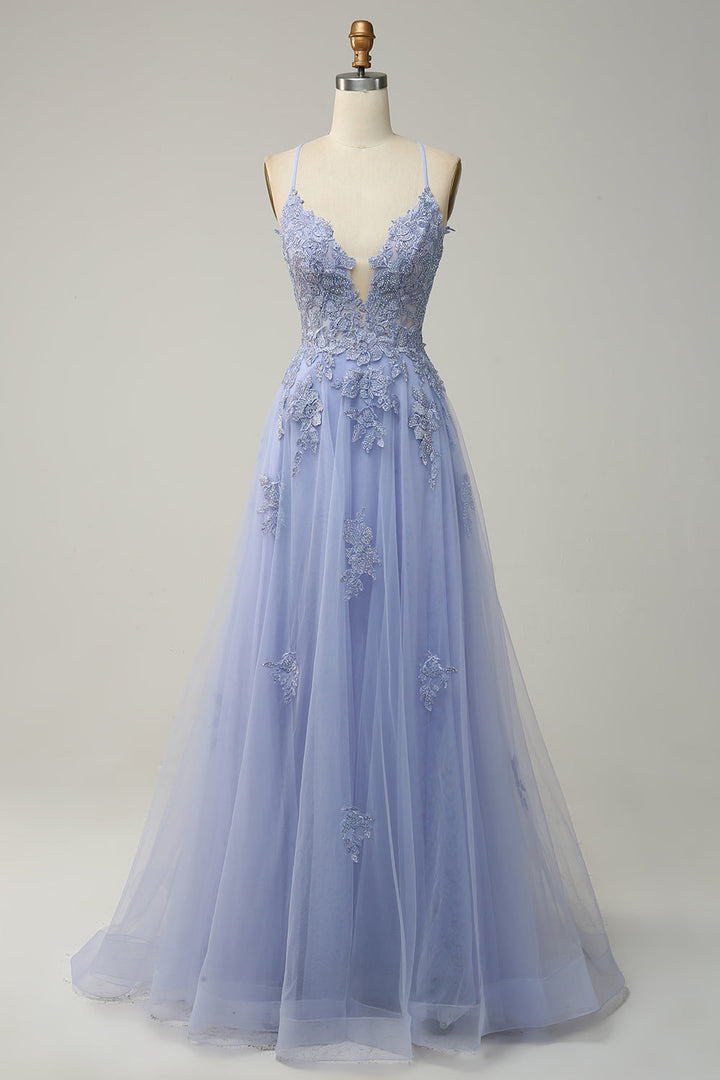 Stylish A-line Evening Dress with Spaghetti Straps and Lace-up Closure - Julia-Light purple-EU32-The Livary