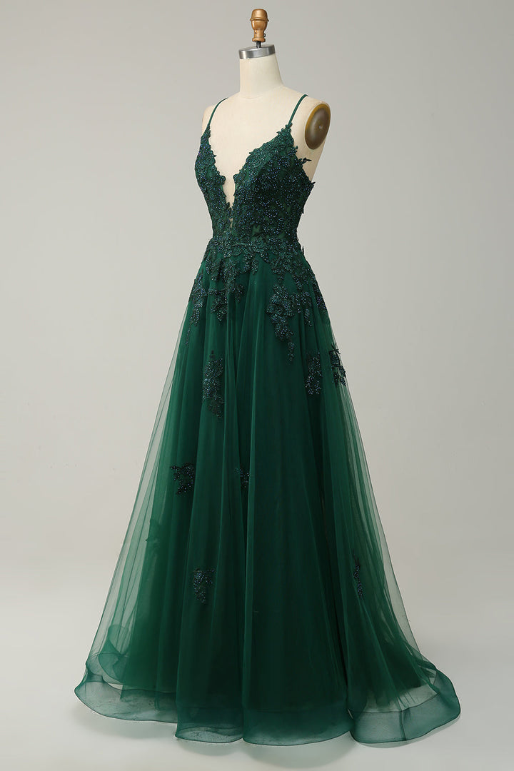 Stylish A-line Evening Dress with Spaghetti Straps and Lace-up Closure - Julia-Dark green-EU32-The Livary
