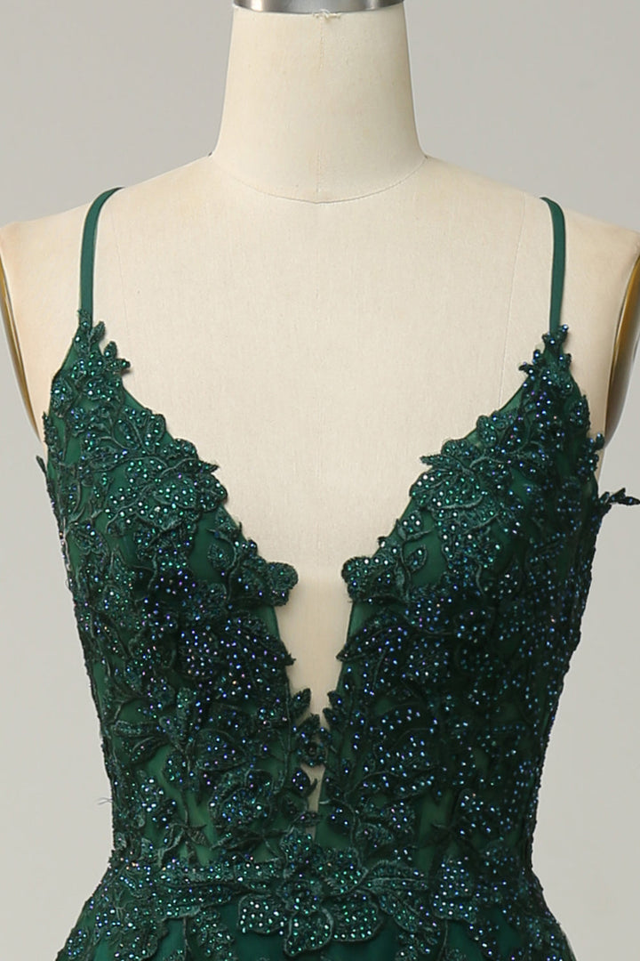 Stylish A-line Evening Dress with Spaghetti Straps and Lace-up Closure - Julia-Dark green-EU32-The Livary