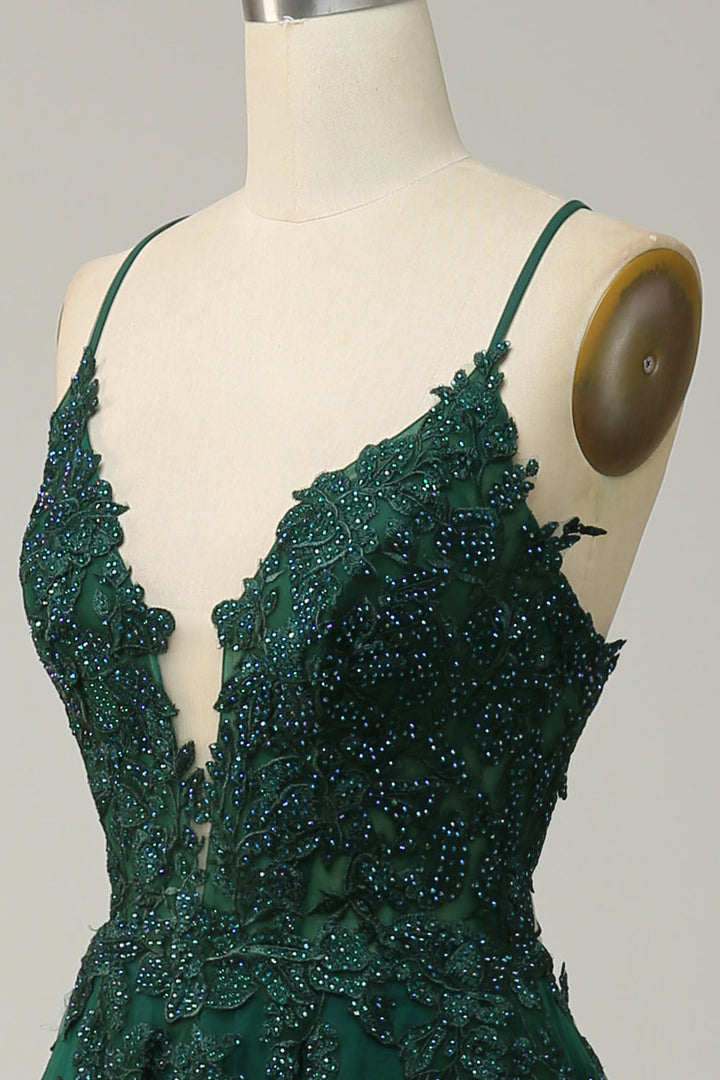 Stylish A-line Evening Dress with Spaghetti Straps and Lace-up Closure - Julia-Dark green-EU32-The Livary