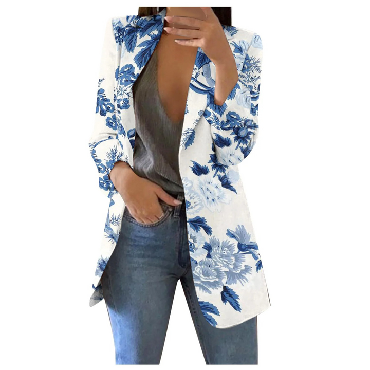 Printed Cropped Women's Blazer - Savannah-White-blue-S-The Livary
