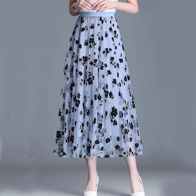 Trendy Mesh Midi Skirt - Fiona-Blue Grey-S-The Livary