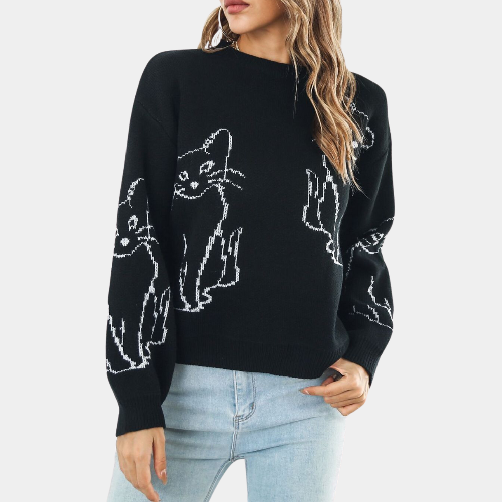 Kebell - Trendy Ladies' Sweater with Cats-Black-XS-The Livary